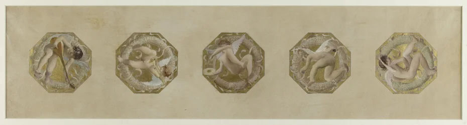 Esboço para Hôtel de Ville de Paris, Escadaria festiva: Génies portant des attributs de fête, débuten 1888 (óleo sobre papel)