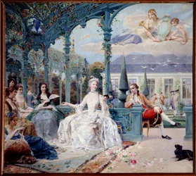 Mademoiselle de Clermont e o Conde de Melun no Pavilhão de Sylvie, perto de Chantilly Estas são as duas protagonistas dos poemas de Theophile de Viau. Pintura de Luc Olivier Merson (1846-1920) 1895 Sol. 1,88x2,10 m Chantilly, Musee Conde