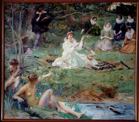 Marie F. des Ursins, Duquesa de Montmorency e a poetisa Theophile de Viau a Chantilly no Pavilhão de Pintura Sylvie de Luc Olivier Merson (1846-1920) 1895 Sol. 1,88 X 2,10 m Chantilly, Musee Conde