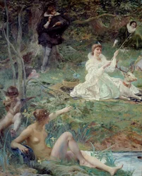 Marie F. des Ursins, Duquesa de Montmorency e a poetisa Theophile de Viau em Chantilly, no Pavilhão de Pormenores de Sylvie. Pintura de Luc Olivier Merson (1846-1920) 1895 Sol. 1,88 X 2,10 m Chantilly, Musee Conde