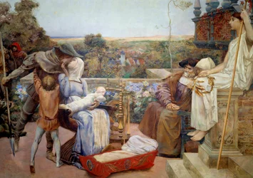 A família Uma família rica na Idade Média, a mãe segura a criança nos seus braços e beija o marido. Decoração do Hotel Watel-Dehaynin em Paris. Pintura marouflee sobre gesso por Luc Olivier Merson (1846-1920) 1901 Sol. 2,22x2,95 m Paris, mus