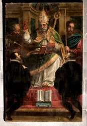 Génova, Duomo (Catedral de São Lourenço): "São Gotardo entre São Paulo e São Tiago e dois devotos ajoelhados" (1571), de Luca Cambiaso (com repintura de Carlo Giuseppe Ratti)