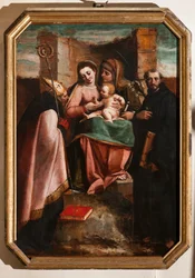 Génova, Duomo (Catedral de São Lourenço), no interior, Batistério (antiga Igreja de São João, o Velho): "Madonna e Criança entre Santa Ana, São Nicolau de Bari e São Nicolau de Tolentino", de Luca Cambiaso