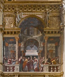 Génova, Duomo (Catedral de São Lourenço), interior, Capela Lercari ou Capela do Santíssimo Sacramento (abside norte), lado sul: "O Noivado da Virgem", afresco de Luca Cambiaso