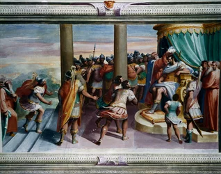 A violação de Sabine (século XVI), por Luca Cambiaso (1527-1585), fresco, Villa Imperiale, Génova, Liguria, Itália Detalhe