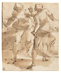 Duas figuras animadas que gesticulam (caneta e tinta, giz e lavagem sobre papel)