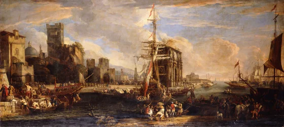 Um capricho de um porto mediterrâneo com navios austríacos, comerciantes e marinheiros nos cais em primeiro plano, uma companhia de milícias perto do Arco de Constantino e Castel Sant "Angelo além,
