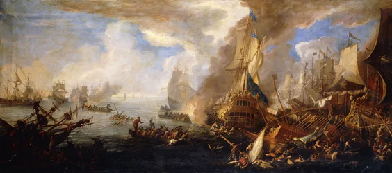 Uma batalha marítima com navios de guerra da Sardenha e de Veneza e galés da Sardenha e Egito  Em primeiro plano,
