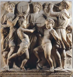 Crianças e querubins dançando, cantando e brincando, detalhe por Cantoria (galeria do coro)