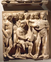 Laudate Eum in chordis et organo (Salmo 150, Laudate Dominum), painel com rapazes a cantar com órgão, harpa e alaúde