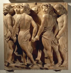 Laudate Eum em choro (Salmo 150, Laudate Dominum), painel com meninos cantando e dançando em círculo