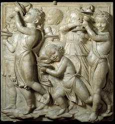 Painel do Cantoria ou Grandstand dos cantores: criança tocando címbalos. alto relevo de mármore por Luca della Robbia (ca. 1400-1482) 1431-1438 Dim. 348 cm Museo dell