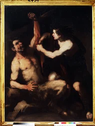 "Apollo e Marsyas" Apollo, depois de ter vencido o desafio contra Marsyas, mandou esfolá-lo e depois atirá-lo para uma caverna. Pintura de Luca Giordano (1632-1705) 1650 aproximadamente. Maneirismo. Museu Pushkin, Moscovo