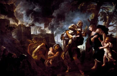 Eneias em fuga de Troia. Eneias, transportando Anquises, fugiu da cidade caída nas mãos dos Aqueus. 1675-1680. Génova, Galleria Nazionale di Palazzo Spinola