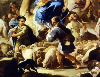 Ovelhas e pastores, detalhe da partida de Rebecca para Canaã, de Luca Giordano (1634-1705), óleo sobre cobre, 59x85 cm
