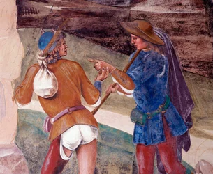 Benedito admoesta o irmão do monge Valeriano que quebrou seu veloz afresco de claustro feito por Luca Signorelli (ca. 1445-1523) relatando a vida de São Bento de Nursie (480 - 567) fundador da Ordem de Beneditino 1497-1498 Abadia de Monte