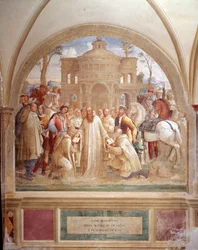 Bento envia Maurus na França e Placid na Sicília (Bento envia Maurus na França e Placid na Sicília) Fresco do claustro feito por Luca Signorelli recontando a vida de São Bento de Nursie (480 - 567) fundador da Ordem de Beneditino 1497-