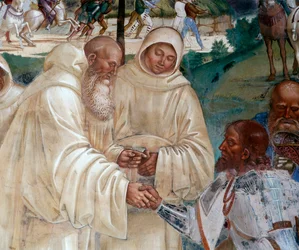 Benedito acolhe Totila que veio se desculpar por ter posto Benoit à prova (Benedito acolhe Totila que veio se desculpar por ter posto Benoit à prova) Detalhe afresco do cloitro realizado por Luca Signorelli (ca. 1445-1523) r