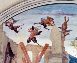 Deus castiga Florenzo (Deus castiga Florenzo) - Detalhe Fresco do claustro feito por Luca Signorelli (ca. 1445-1523) relatando a vida de São Bento de Nursie (480 - 567) fundador da Ordem de Bento 1497-1498 Abadia de Monte Oliveto Maggiore,
