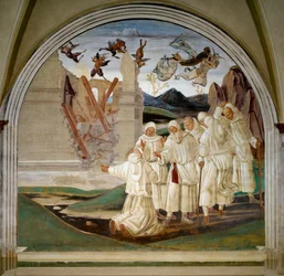 Vida de São Bento: "Como Deus castiga Florent" Um monge diz ao santo que Florent (Fiorenzo) morreu enterrado sob a descompressão de sua casa abatido pelos demônios. Fresco por Luca Signorelli (ca. 1445-1523)