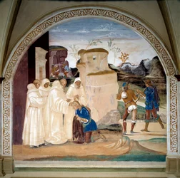 Vida de São Bento de Nursie (ca. 480-547): "Benedito admoesta o irmão do monge Valeriano que quebrou seu jejum" (Como Benedito admoesta o irmão do monge Valeriano que quebrou seu jejum) Afresco de claustro feito por Luca Signorelli (ca. 1445-15