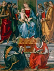 Madonna e Criança com João Batista, Francisco de Assis, Antônio de Pádua, José Boaventura e Jerônimo, de Luca Signorelli (ca. 1445-1523)