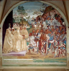 São Benedito de Nursia dando as boas-vindas a Totila (século VI) rei dos ostrogodos afresco do refeitório dos monges feito por Luca Signorelli recontando a vida de São Benedito de Nursie (480 - 567) fundador da Ordem dos Beneditinos. 1503 - 1508 Abadia