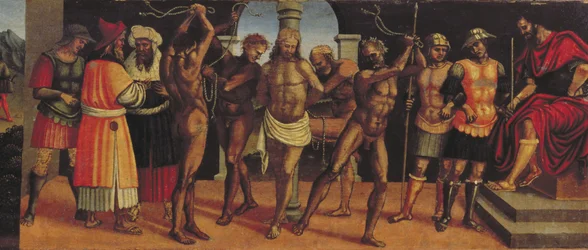 A flagelação, detalhe do painel predella do retábulo da Trindade com Madonna e Criança e SS. Painel Agostinho e Anastácio
