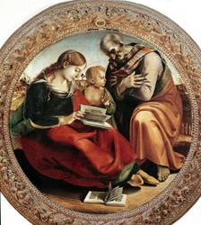 A Sagrada Família. Pintura de Luca Signorelli (1450-1523), cerca de 1495. Tondo. Diâmetro: 124 cm. Florença, Galleria degli Uffizi (Museu dos Uffizi)