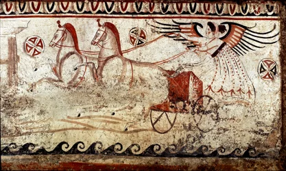 Uma Vitória conduzida numa biga. Fresco lucano do século IV a.C., proveniente da necrópole de Paestum, Itália. Museo Nazionale Archeologico, Paestum