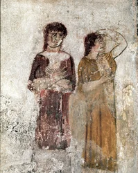Retrato de duas mulheres. Fresco lucano do século IV a.C., proveniente do Túmulo do Cavaleiro, sítio de Paestum, Itália. Museo Nazionale Archeologico, Paestum