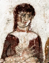 Retrato de uma mulher. Fresco lucano do século IV a.C., proveniente do Túmulo do Cavaleiro, sítio arqueológico de Paestum, Itália. Museo Archeologico Nazionale, Paestum