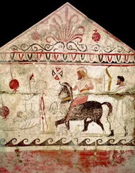 O regresso do guerreiro vitorioso. Fresco lucano do século IV a.C., proveniente do túmulo 86 da necrópole de Andriuolo em Paestum, Itália. Museo Nazionale Archeologico, Paestum