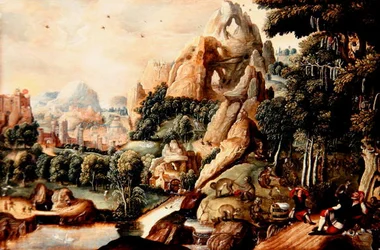 A Landscape with Monkeys and Humans and Mythical City Beyond (petróleo no painel)