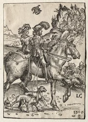 Um cavalheiro e uma senhora cavalgando para a perseguição