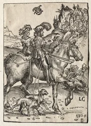 Um cavalheiro e uma senhora cavalgando até a perseguição, 1506.