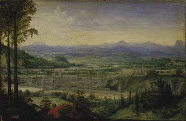 Vista de Linz com desenho de artista em primeiro plano, 1593.