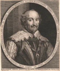 Excellentissimus Dominus, D. Joannes, Comes Nassouiæ, Cattinelli Boci, vianden Dietz & c. Eques Aurei Vellieris. S.Ma. Cæs. Mareschallus Cath. Reg. em Belgio Equitum Generalis & c.