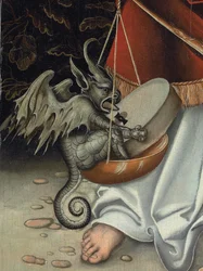 O Arcanjo Miguel segurando a Balança da Justiça (detalhe) (óleo no painel)