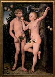 Adão e Eva. Pintura de Lucas Cranach o primeiro (1472-1553), cerca de 1538. Arte flamenga do século XVI. Galeria Nacional, Palácio Sternberg, Praga (República Checa).