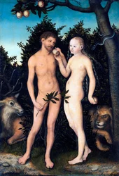 ""Adão e Eva no Paraíso"" Pintura de Lucas Cranach, o Velho (1472-1553) 1531 Staatliche Museen, Berlim Alemanha ©DeAgostini/Leemage