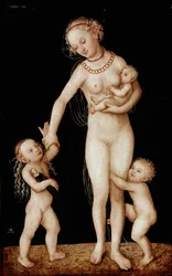 Pintura de Caridade de Lucas Cranach, o Ancião (1472-1553) Sol. 56x36 cm Londres, Galeria Nacional