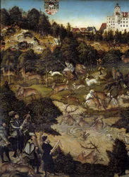 Caça em honra de Carlos V no Castelo de Torgau (Alemanha). Detalhe. O imperador é provavelmente um representante lá embaixo segurando uma besta. Pintura de Lucas Cranach (1472-1553)