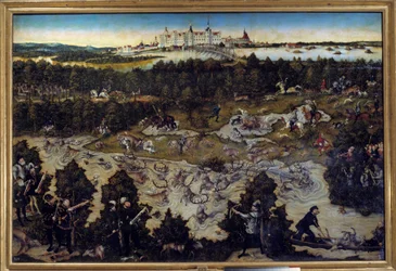 Caça em honra de Carlos V no Castelo de Torgau na Alemanha Pintura de Lucas Cranach, o Ancião (1472-1553) 1544. Madrid. Musee Du Prado - Caça em honra de Carlos V no Castelo de Torgau, na Alemanha. Pintura de Lucas Cranach, o Ancião (1472-1553) 1544. P