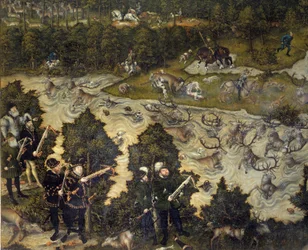 Caça em honra de Carlos V no Castelo de Torgau, na Alemanha O imperador é provavelmente representante à esquerda. Detalhe. Pintura de Lucas Cranach, o Ancião (1472-1553). Século XVI. Madrid. Museu do Prado