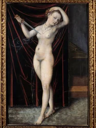 Lucrécia dá a morte a si própria. O suicídio de Lucrécia, dama romana do século VI a.C. Pintura de Lucas Cranach (1472-1553), século XVI. Besançon, Museu de Belas-Artes