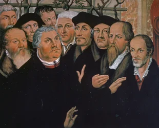 Martinho Lutero com representantes da Reforma Protestante, à direita Melanchthon, no centro Erasmus de Roterdão, detalhe da Ressurreição de Lázaro, pintura de Lucas Cranach Elder (1472-1553)