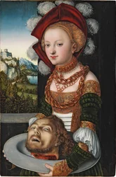 Salomé avec la tete de Saint Jean Baptiste - Salomé com a Cabeça de São João Baptista, de Cranach, Lucas, o Ancião (1472-1553). Óleo sobre madeira, c. 1527-1530. Dimensão : 88,4x58,3 cm. Szepmuveszeti Muzeum, Budapeste