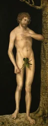 A Queda do Homem: Adam - Lucas Cranach, o Ancião (1472-1553). Óleo sobre madeira, ca. 1510-1520. Dimensão : 137x54 cm. Museu de História de Arte, Vienne