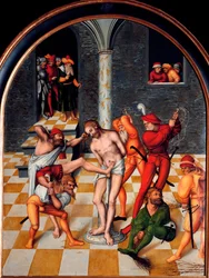 O Flogging of Christ Painting de Lucas Cranach, o Ancião (1472-1553). 1538. Dim. 108x84 cm Viena. Museu Kunsthistorisches